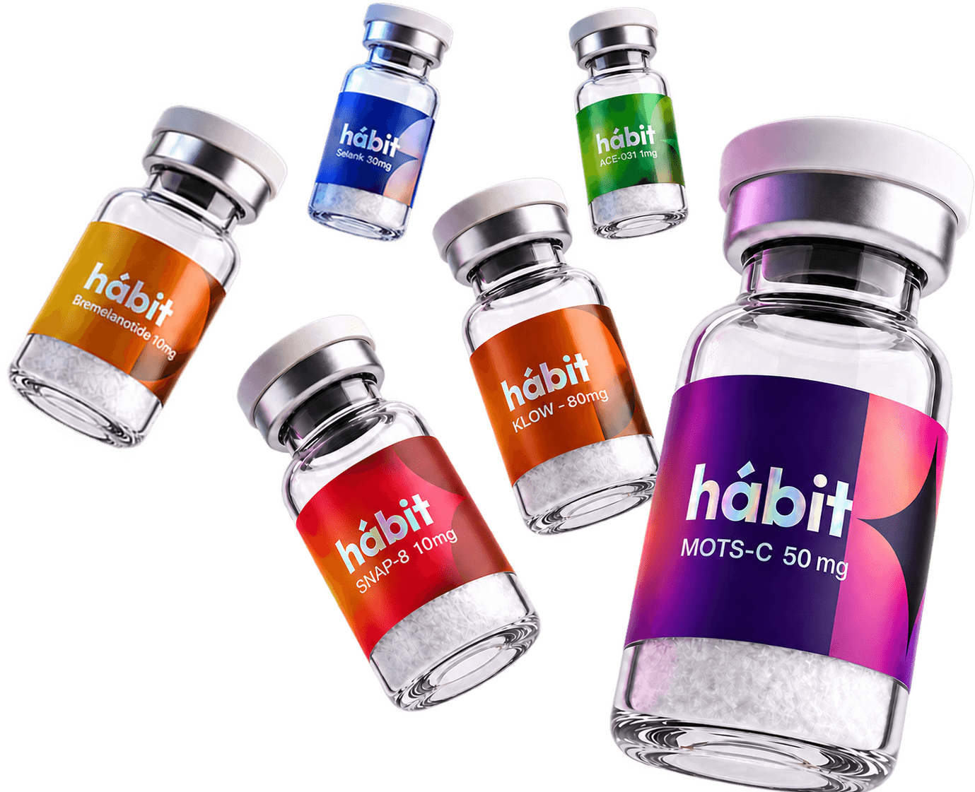 The hábit lineup — MOTS-C, Klow, SNAP-8, Selank, ACE-031 and Bremelanotide vials