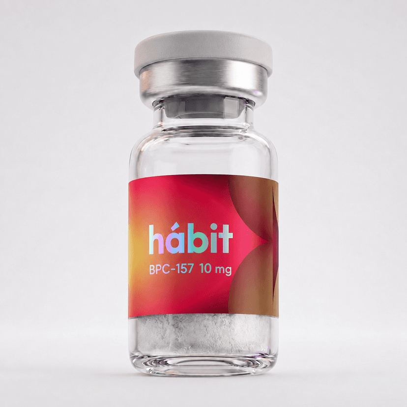 BPC-157 10mg research peptide vial — Body Protection Compound — hábit Labs, third-party verified.