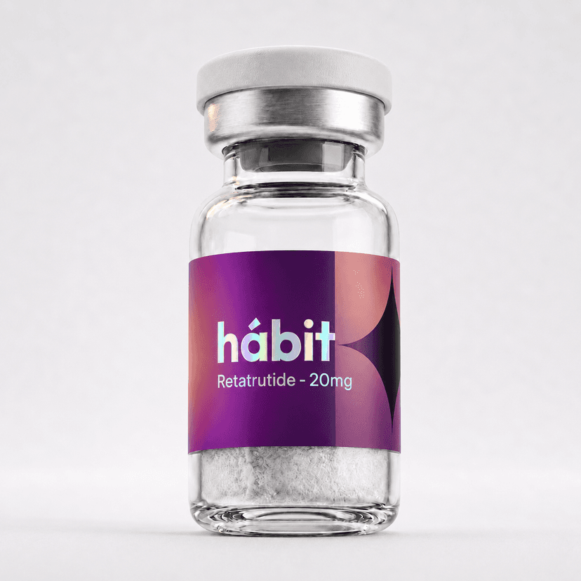Retatrutide 20mg research peptide vial — Triple GIP/GLP-1/glucagon receptor agonist — hábit Labs, third-party verified.